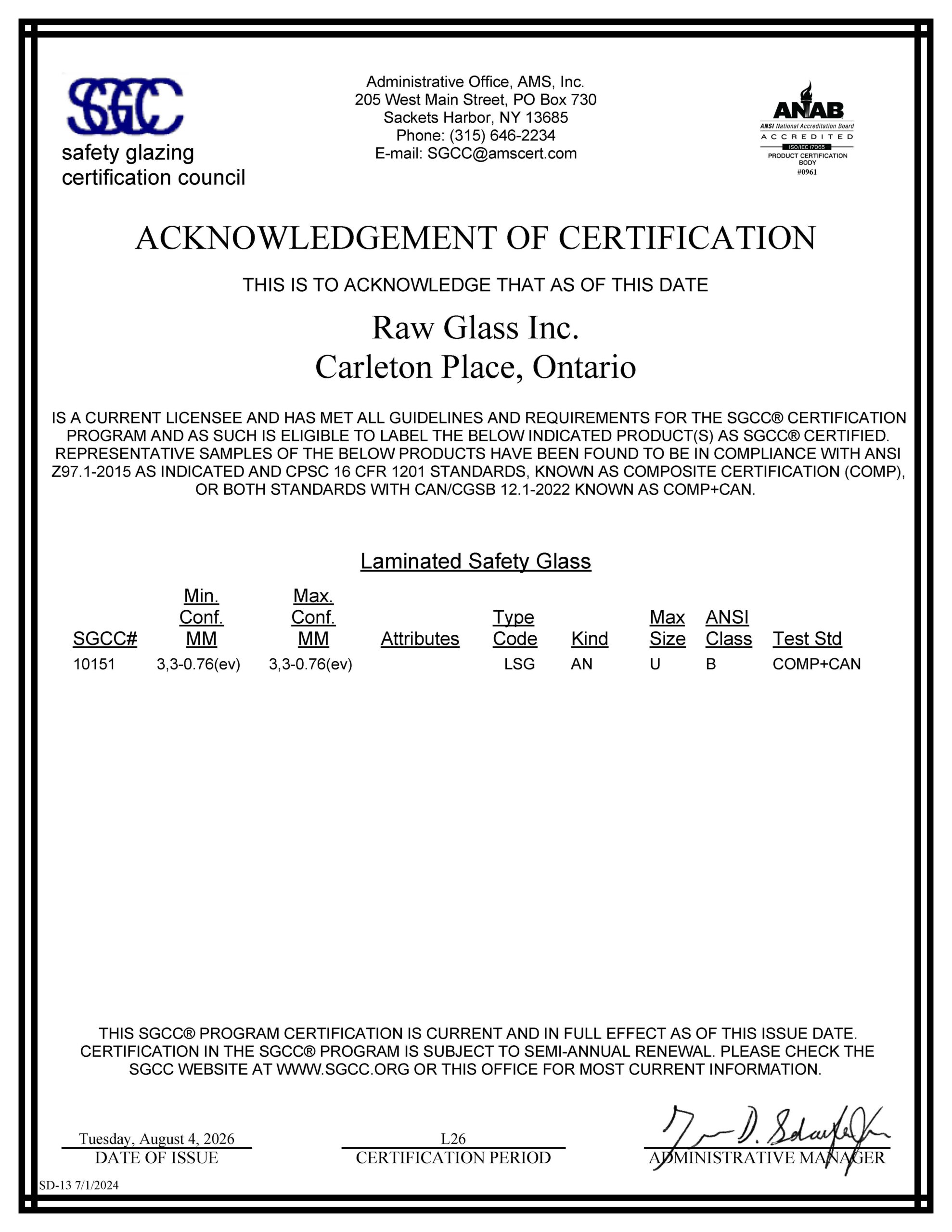 Acknowledgement of Certification for Raw Glass Inc from SGCC regarding laminated safety glass